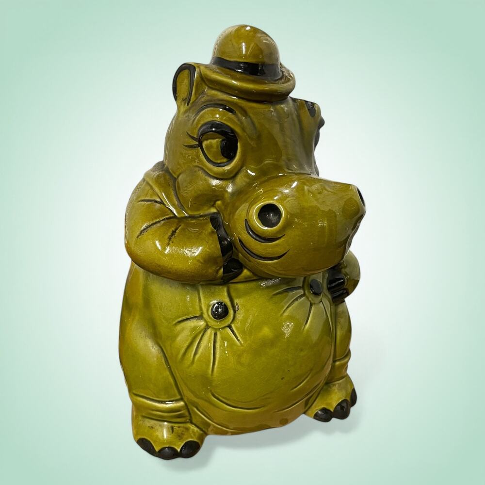 Vintage 1960s/1970s Olive Green Ceramic Hippo Cookie Jar
